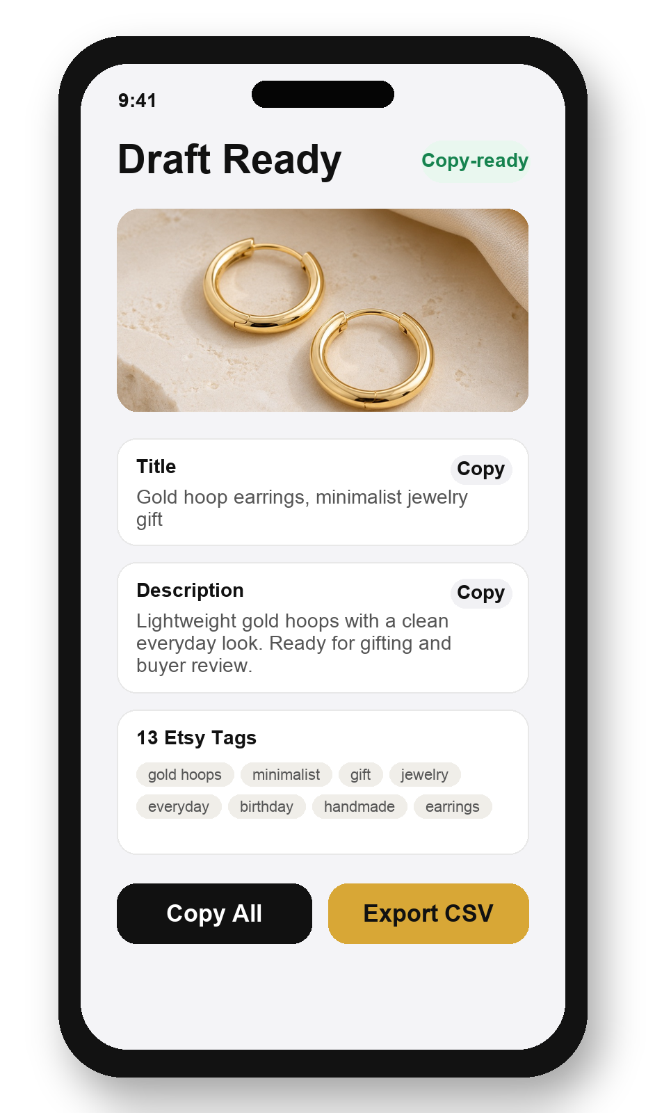 ListingLens copy-ready listing draft screen